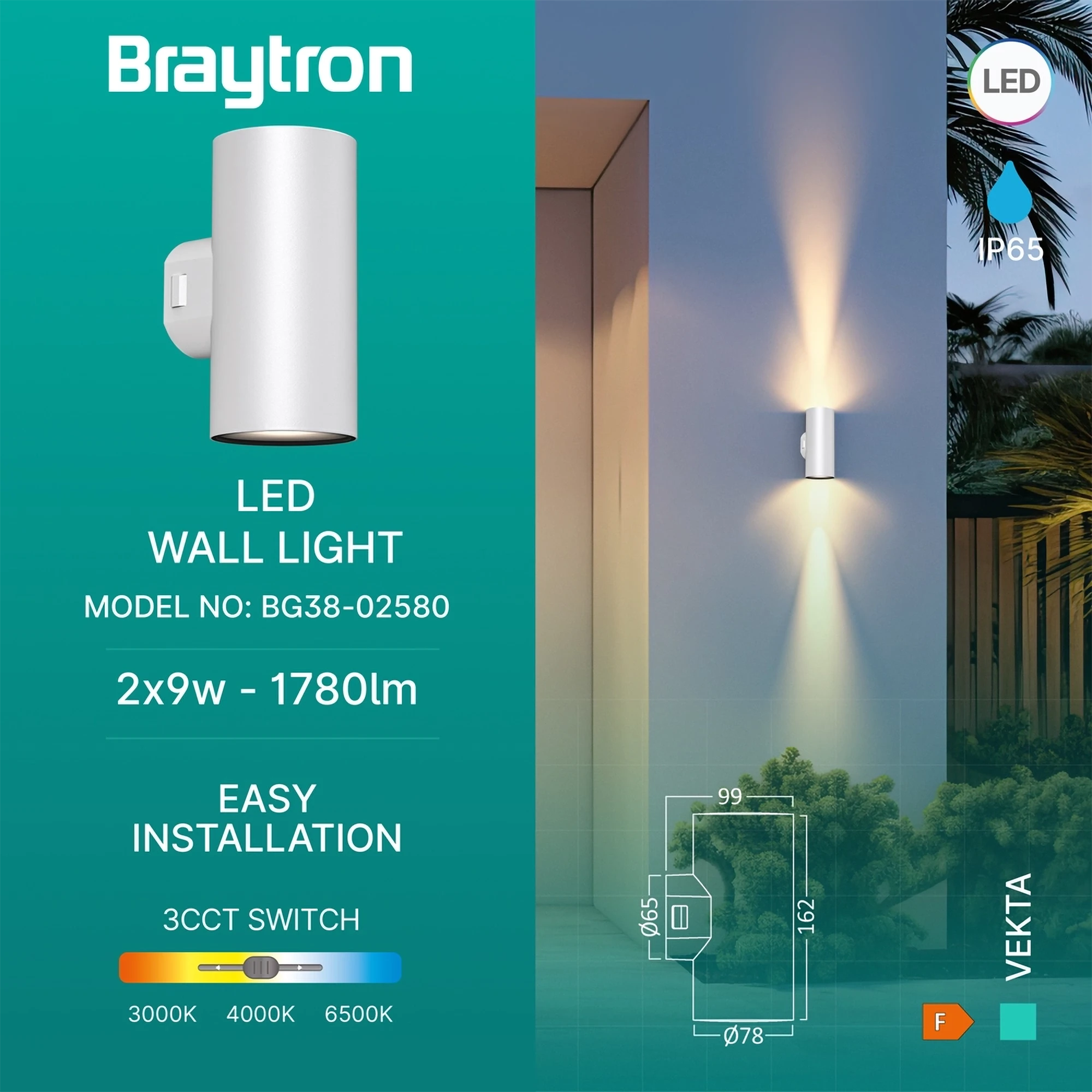 LED zidna spoljna svetiljka dvosmerna 2x9W CCT bela IP65 Braytron Vekta D - Слика 3
