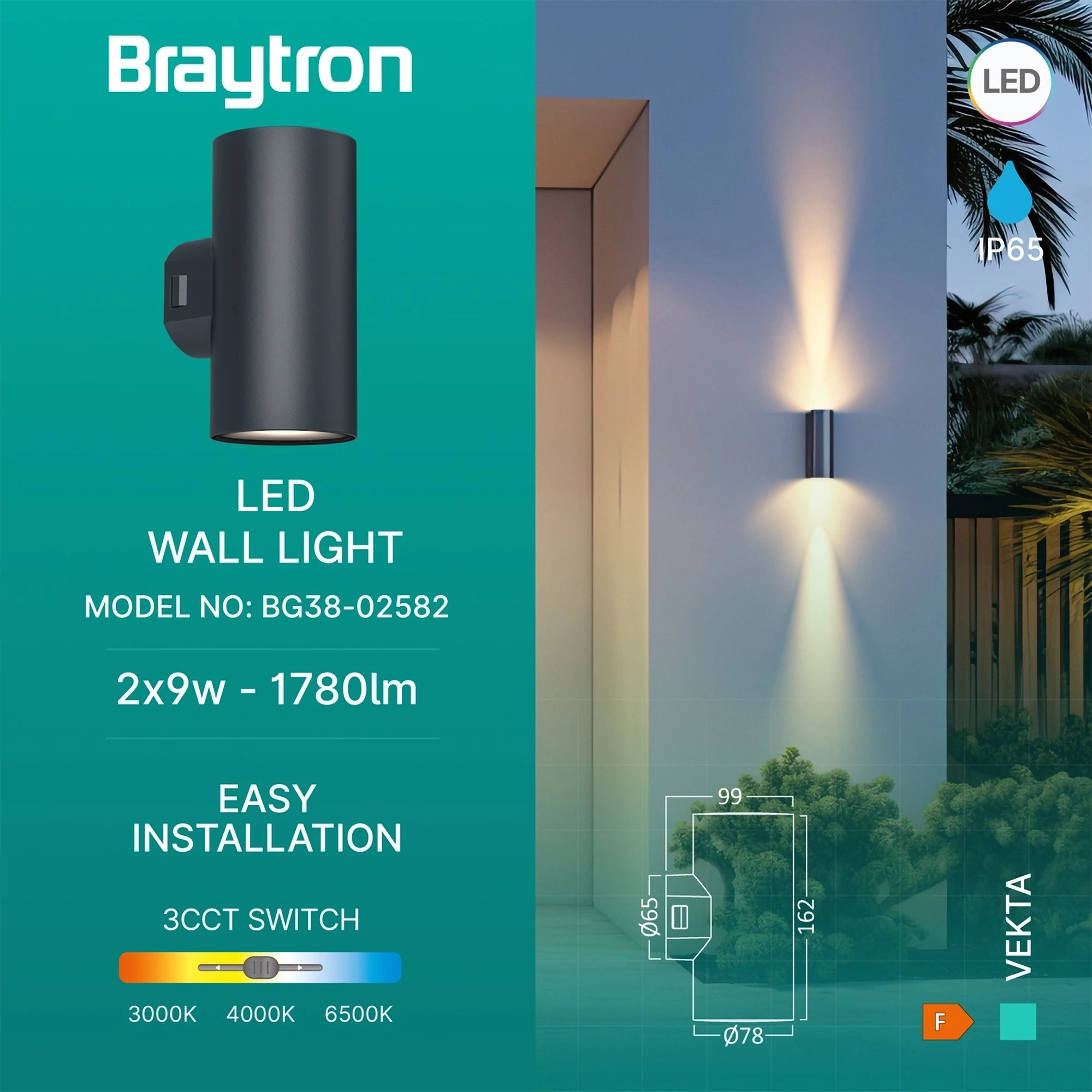 LED zidna spoljna svetiljka dvosmerna 2x9W CCT siva IP65 Braytron Vekta D - Слика 3