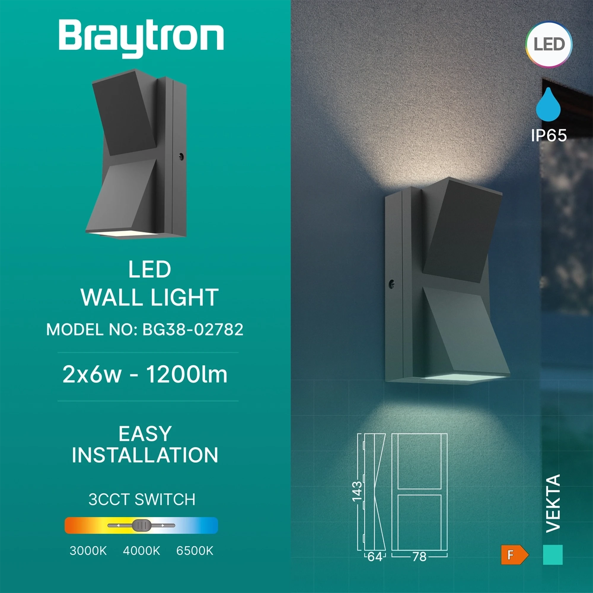 LED zidna spoljna svetiljka dvosmerna 2x6W CCT siva IP65 Braytron Vekta C - Слика 3