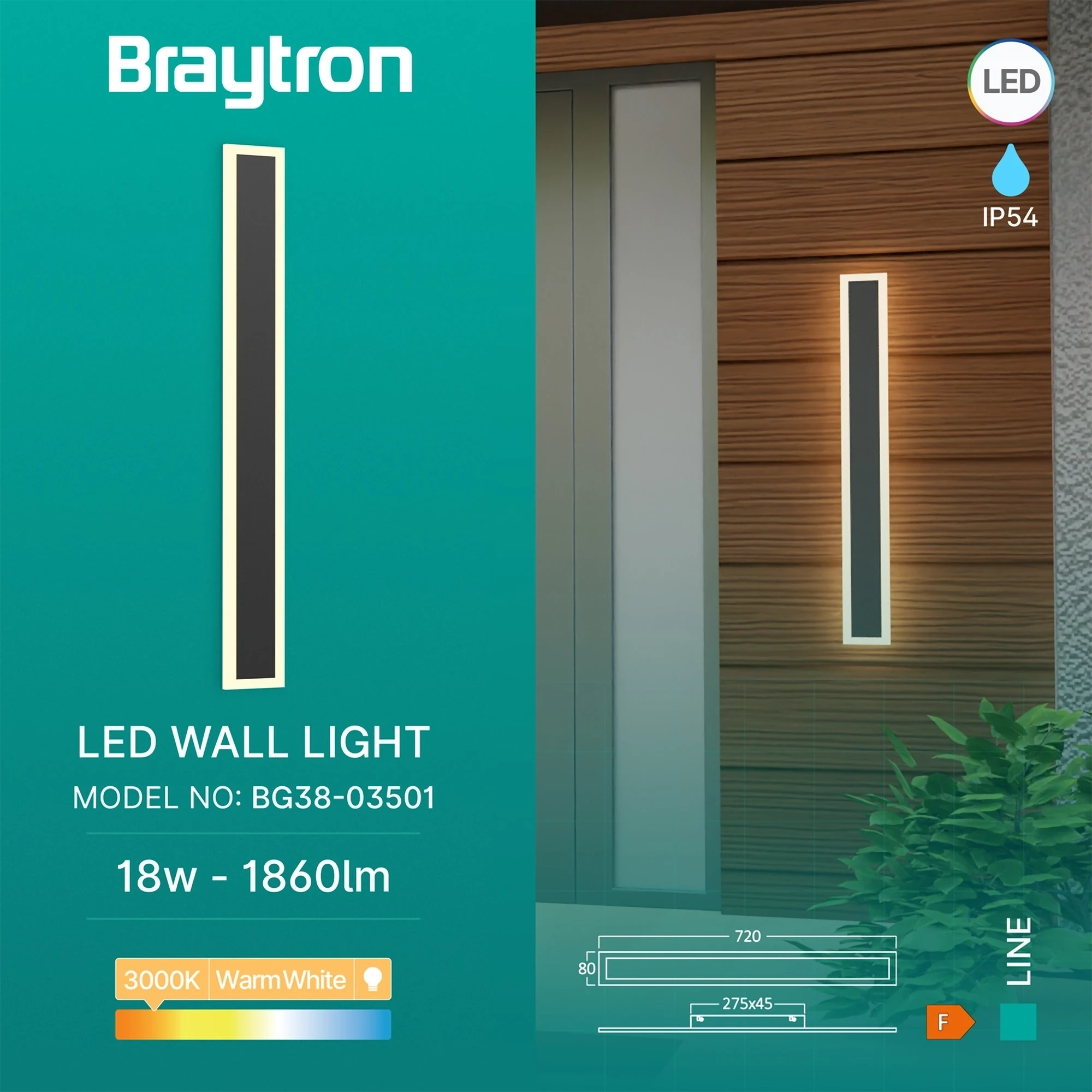 LED zidna spoljna svetiljka linijska 18W 3000K crna IP54 Braytron Line - Слика 3