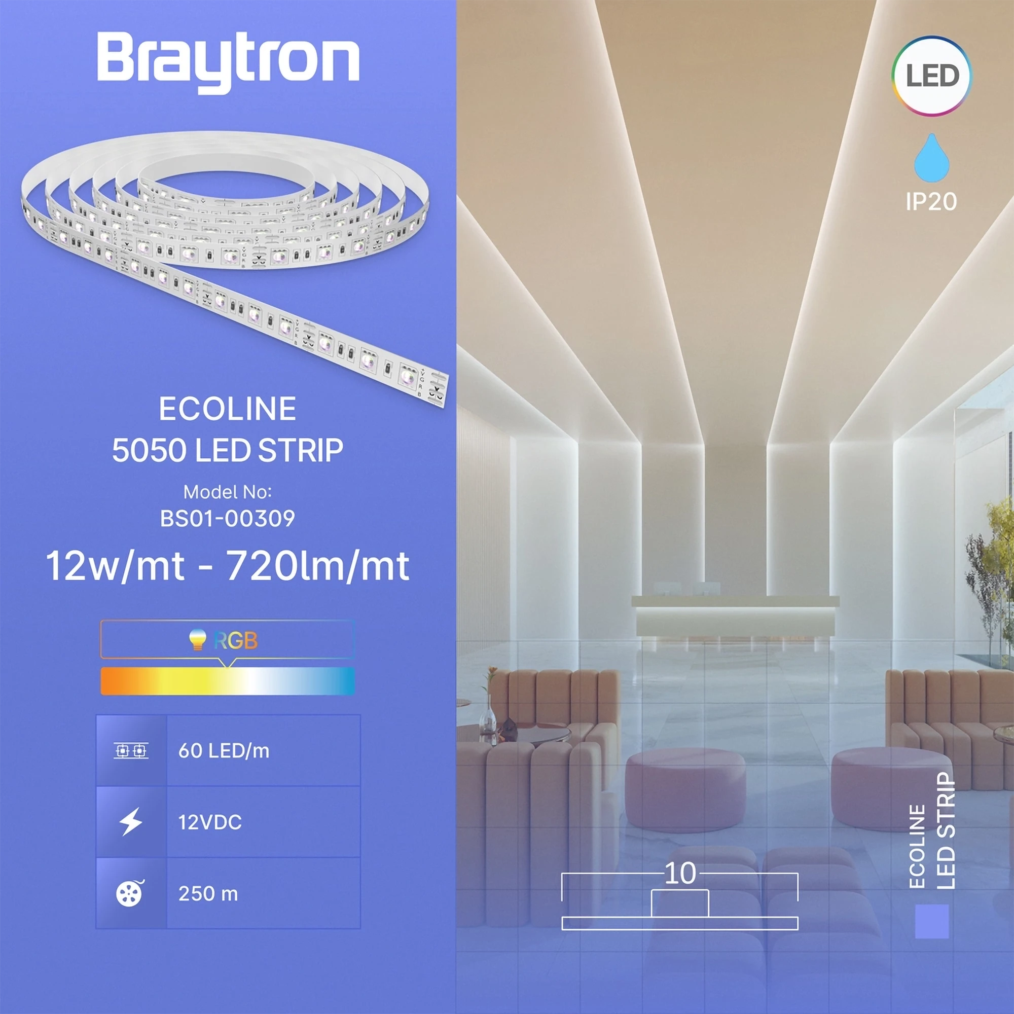 LED traka 12W/m 5050 RGB 12V IP20 Braytron EcoLine - Слика 3