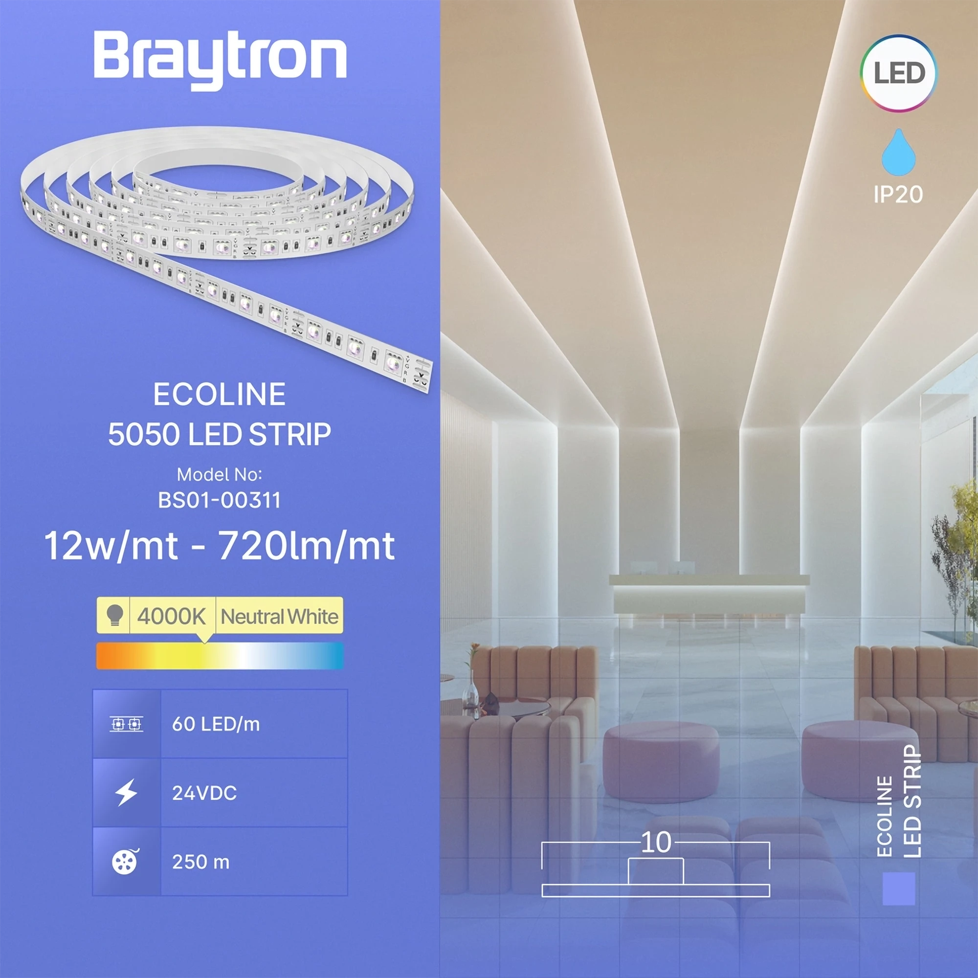 LED traka 12W/m 5050 4000K 24V IP20 Braytron EcoLine - Слика 3