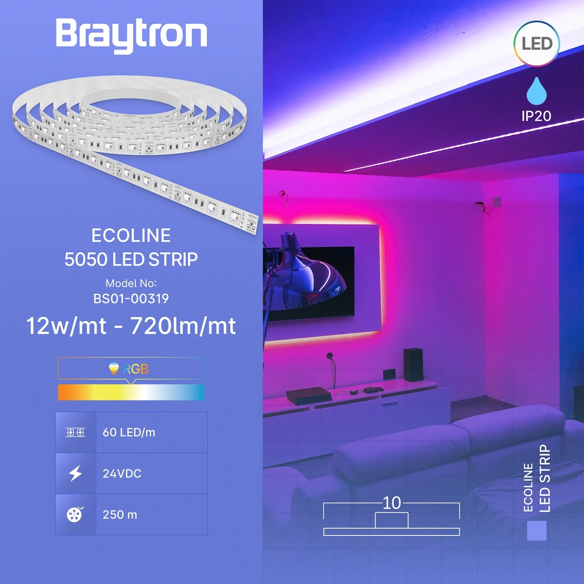 LED traka 12W/m 5050 RGB 24V IP20 Braytron EcoLine - Слика 3