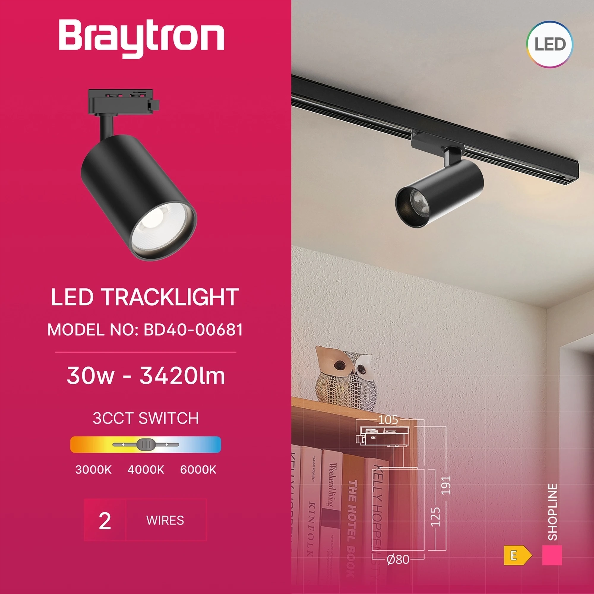 LED šinski reflektor 30W crna CCT monofazni Braytron SpotLine - Слика 3