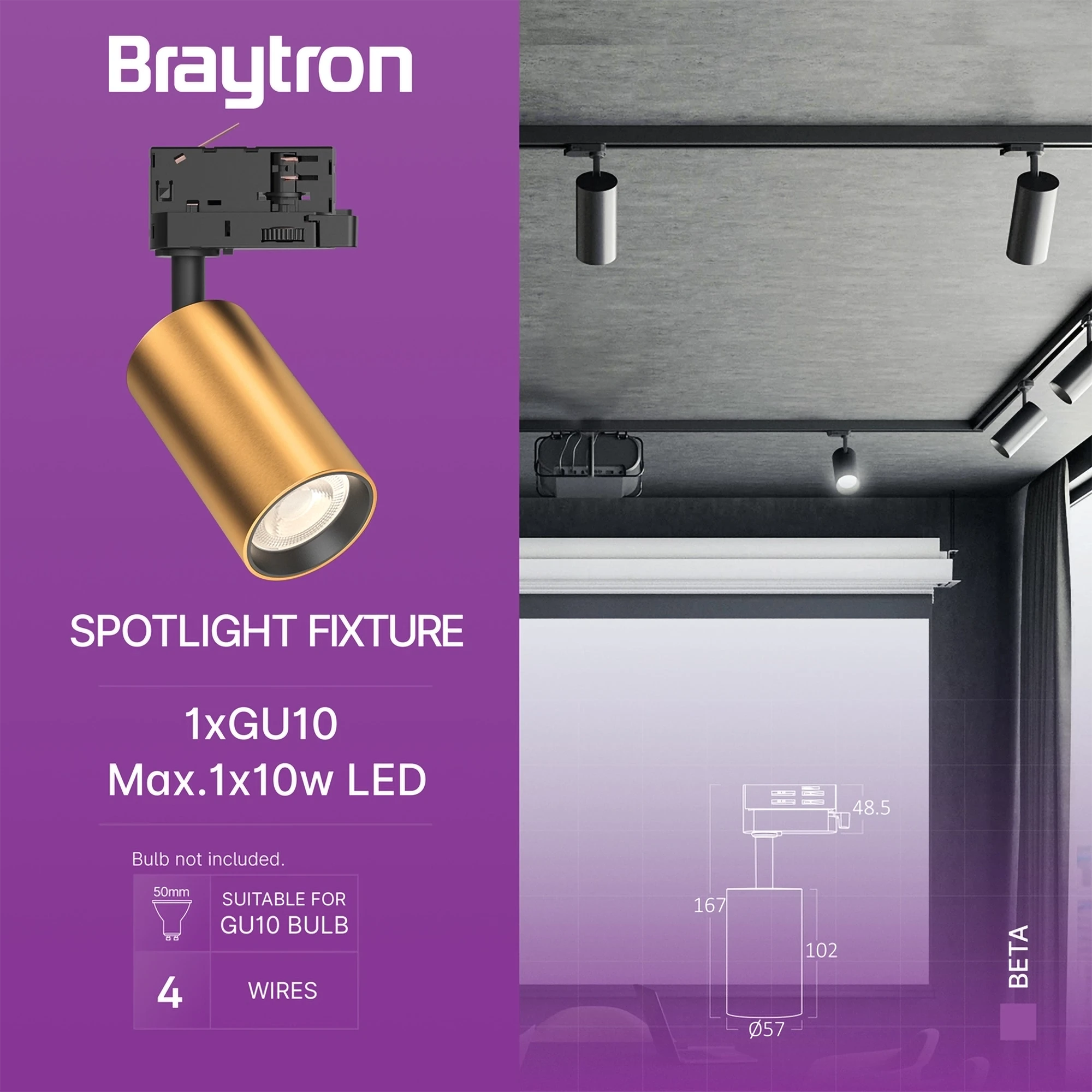 GU10 šinski reflektor trofazni zlatna Braytron Beta - Слика 3