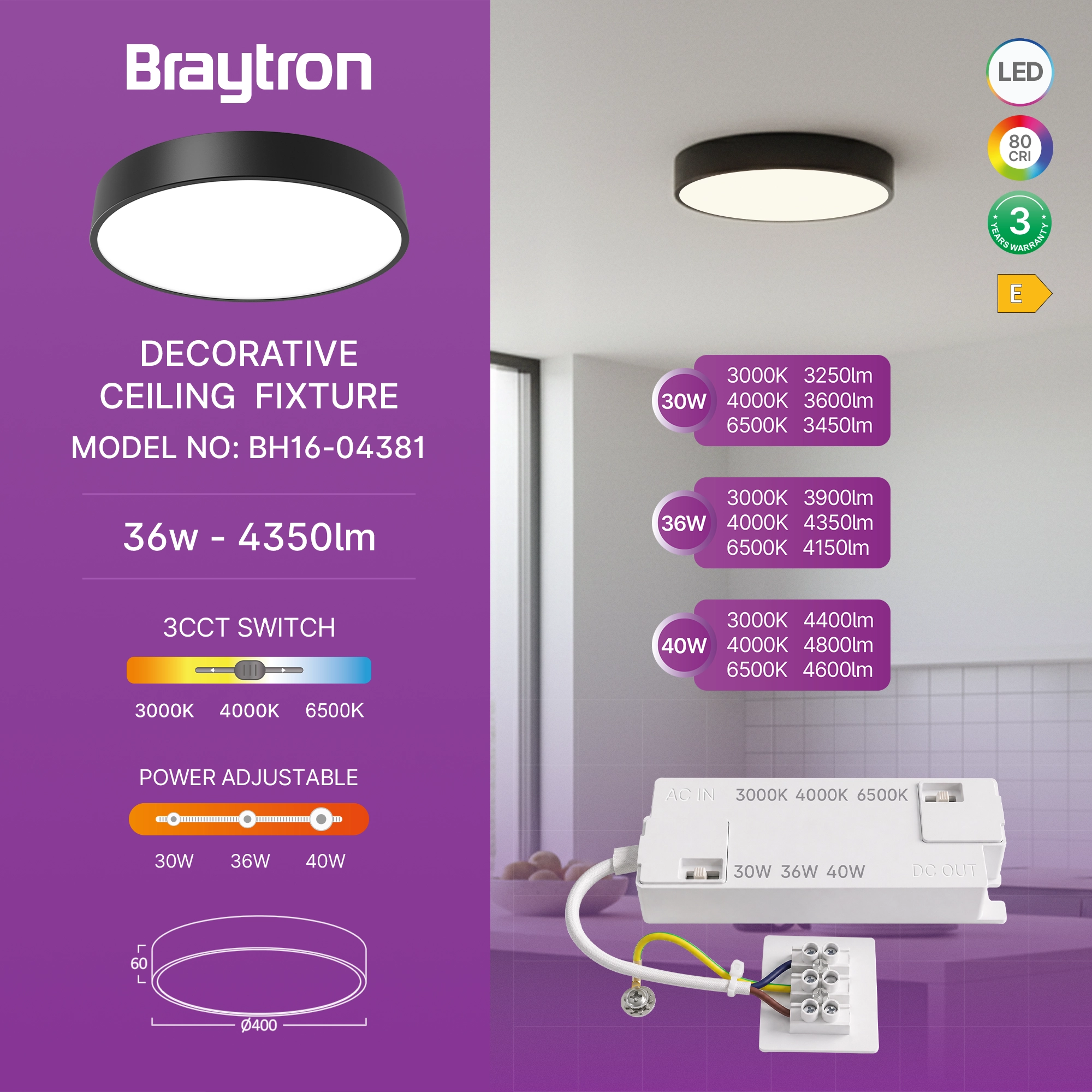 LED plafonjera okrugla Ø400 36W CCT crna Braytron Blade - Слика 3