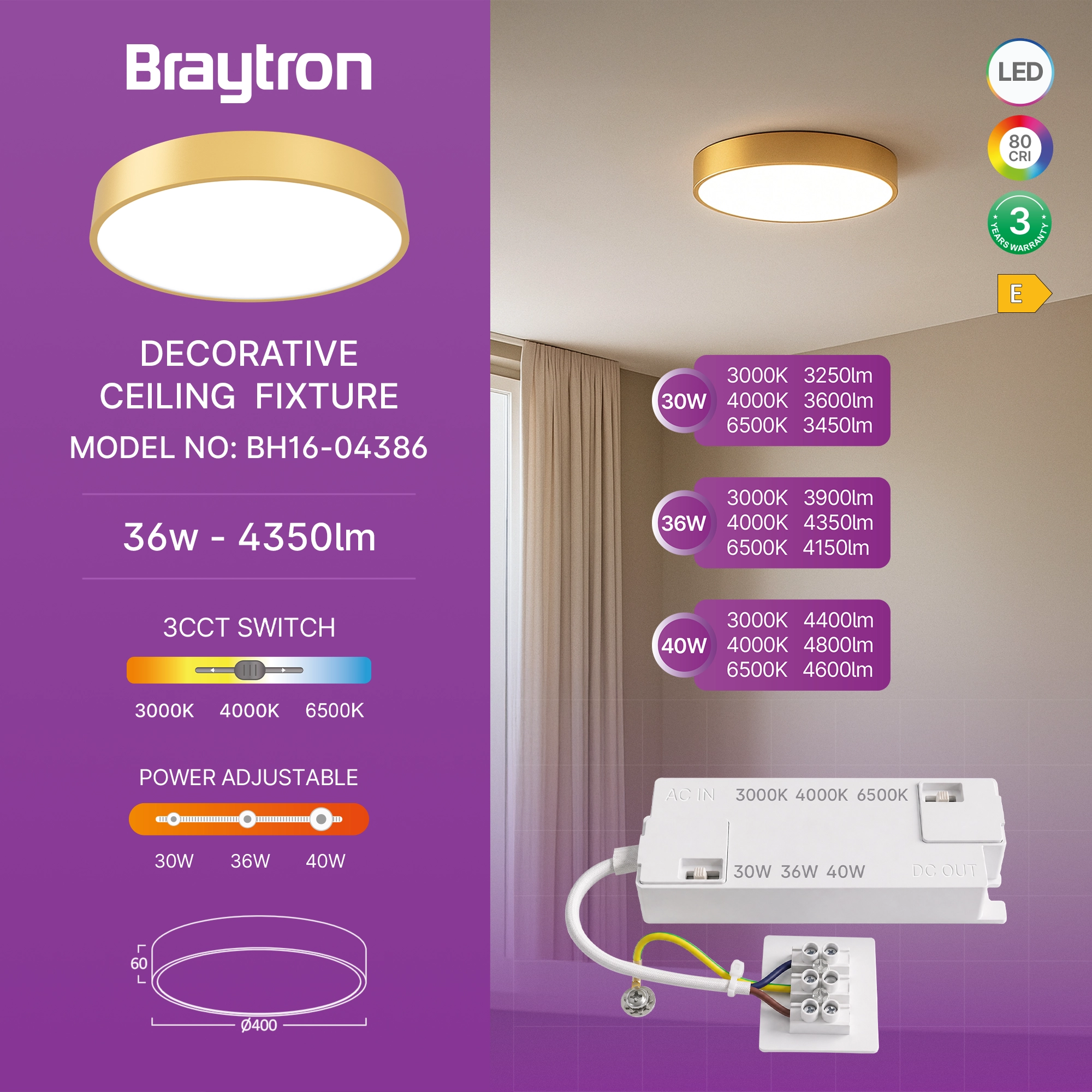 LED plafonjera okrugla Ø400 36W CCT zlatna Braytron Blade - Слика 3