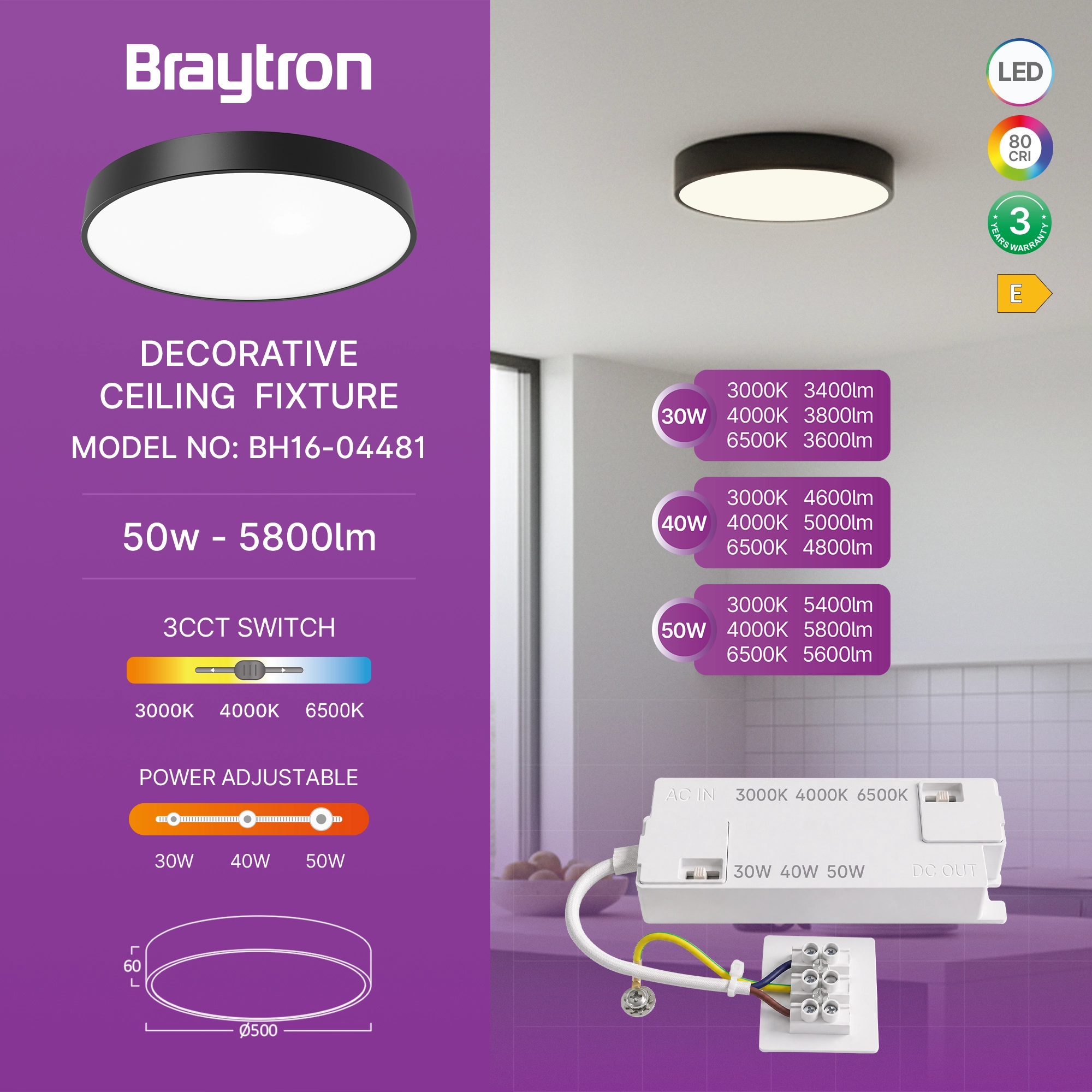 LED plafonjera okrugla Ø500 50W CCT crna Braytron Blade - Слика 3