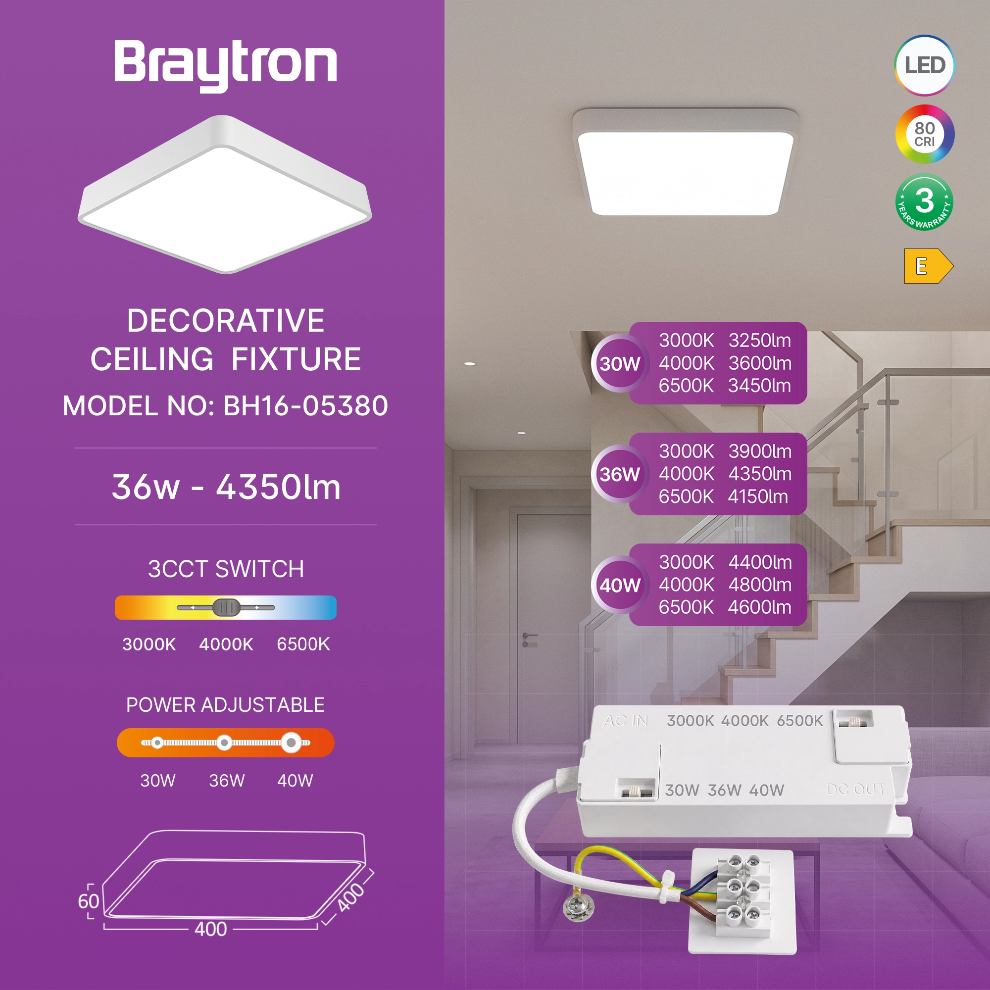 LED plafonjera kvadratna 400x400 36W CCT bela Braytron Blade - Слика 3