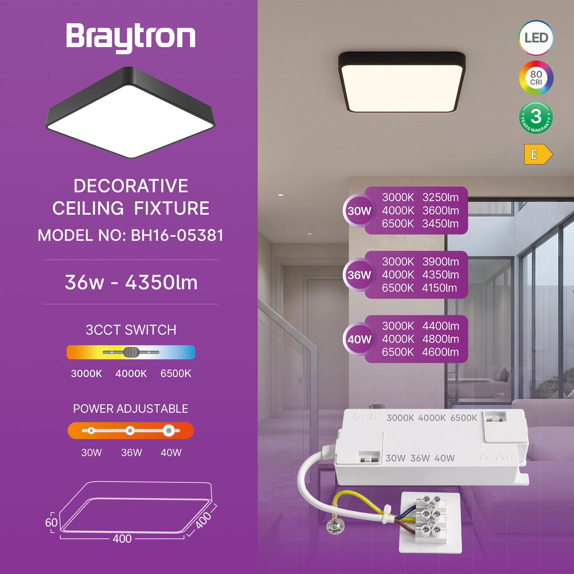 LED plafonjera kvadratna 400x400 36W CCT crna Braytron Blade - Слика 3