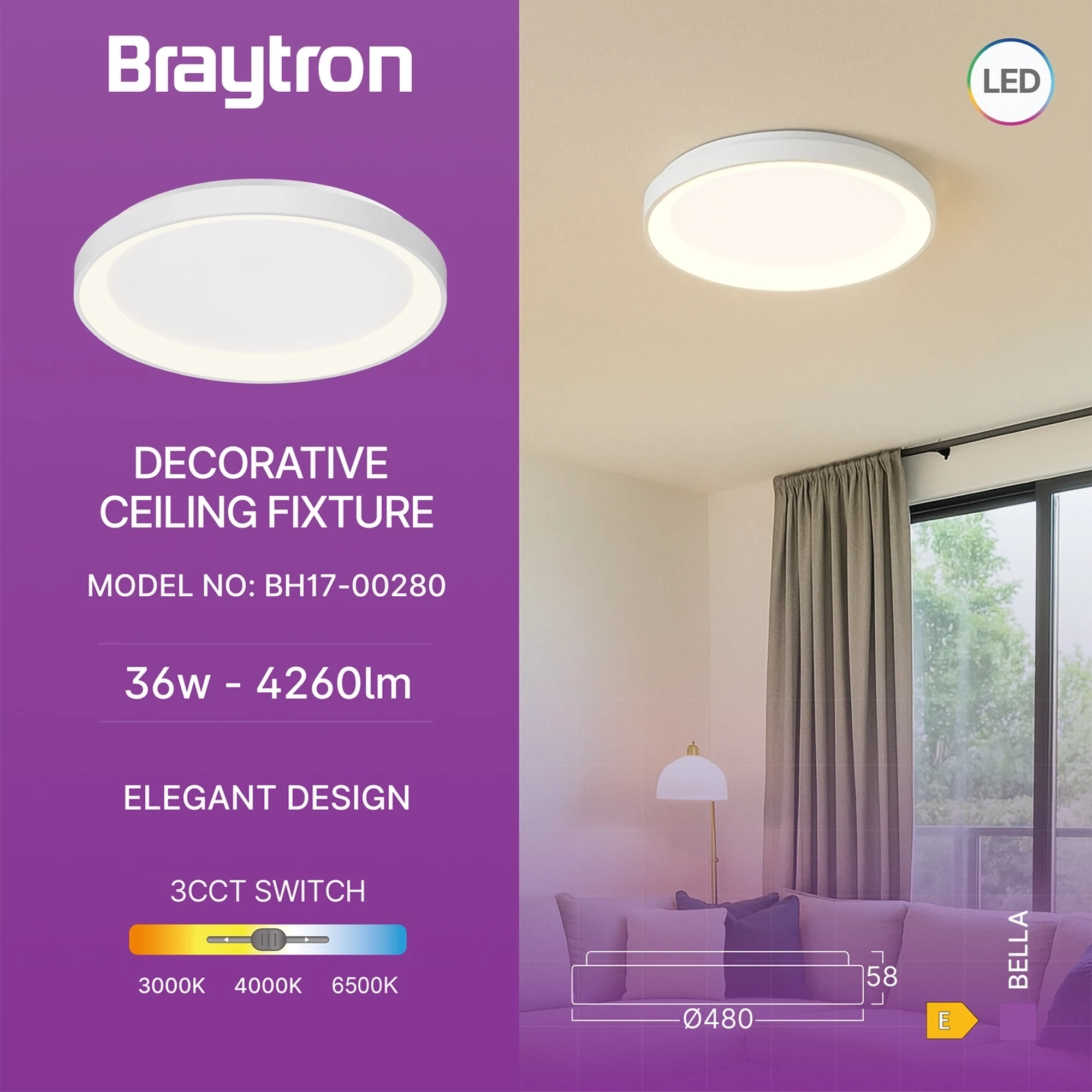 LED plafonjera okrugla Ø480 36W CCT bela IP20 Braytron Bella - Слика 3