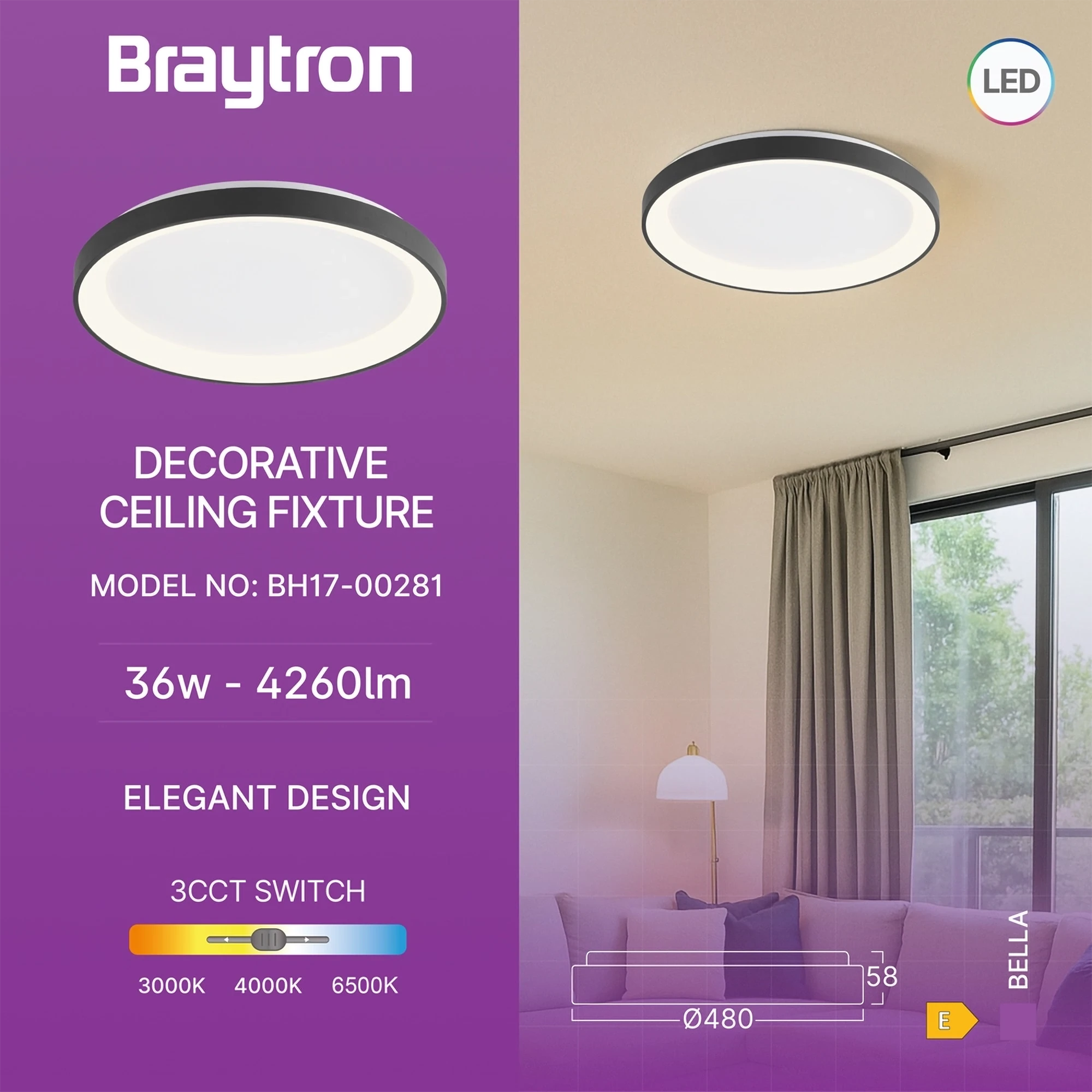 LED plafonjera okrugla Ø480 36W CCT crna IP20 Braytron Bella - Слика 3
