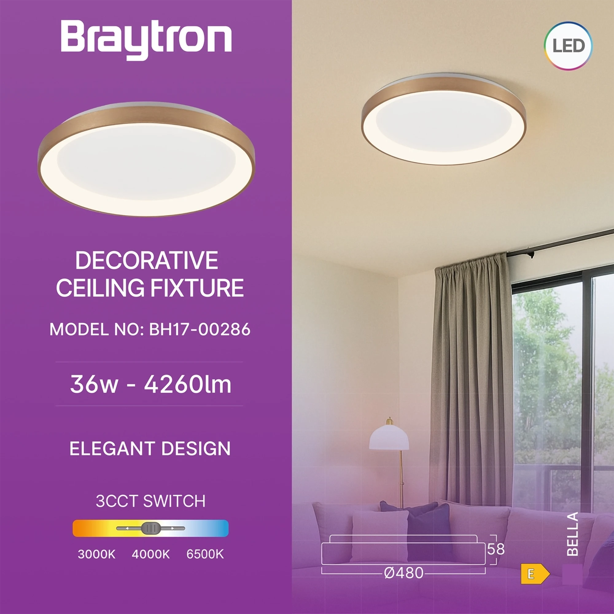 LED plafonjera okrugla Ø480 36W CCT zlatna IP20 Braytron Bella - Слика 3