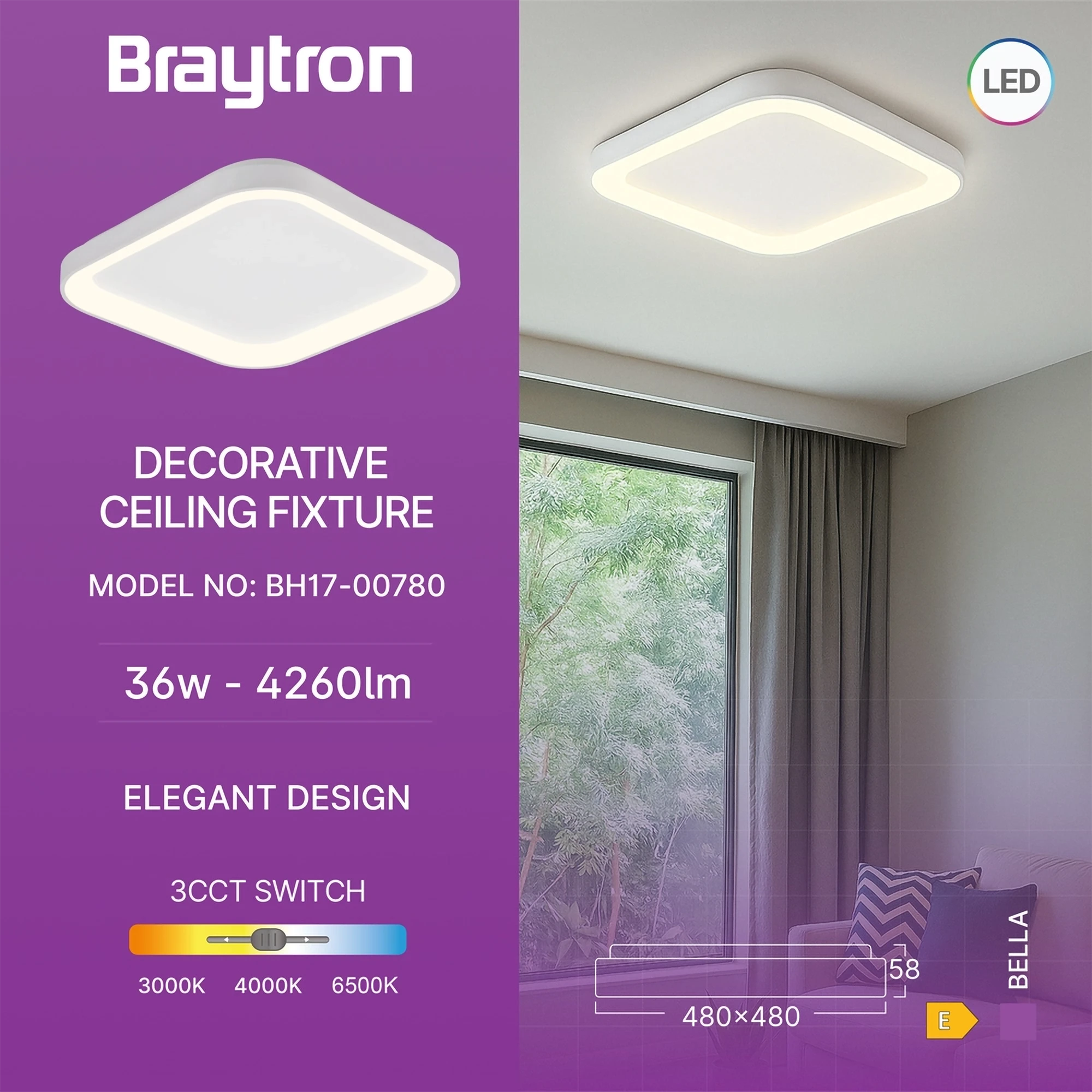 LED plafonjera kvadratna 480x480 36W CCT bela IP20 Braytron Bella - Слика 3