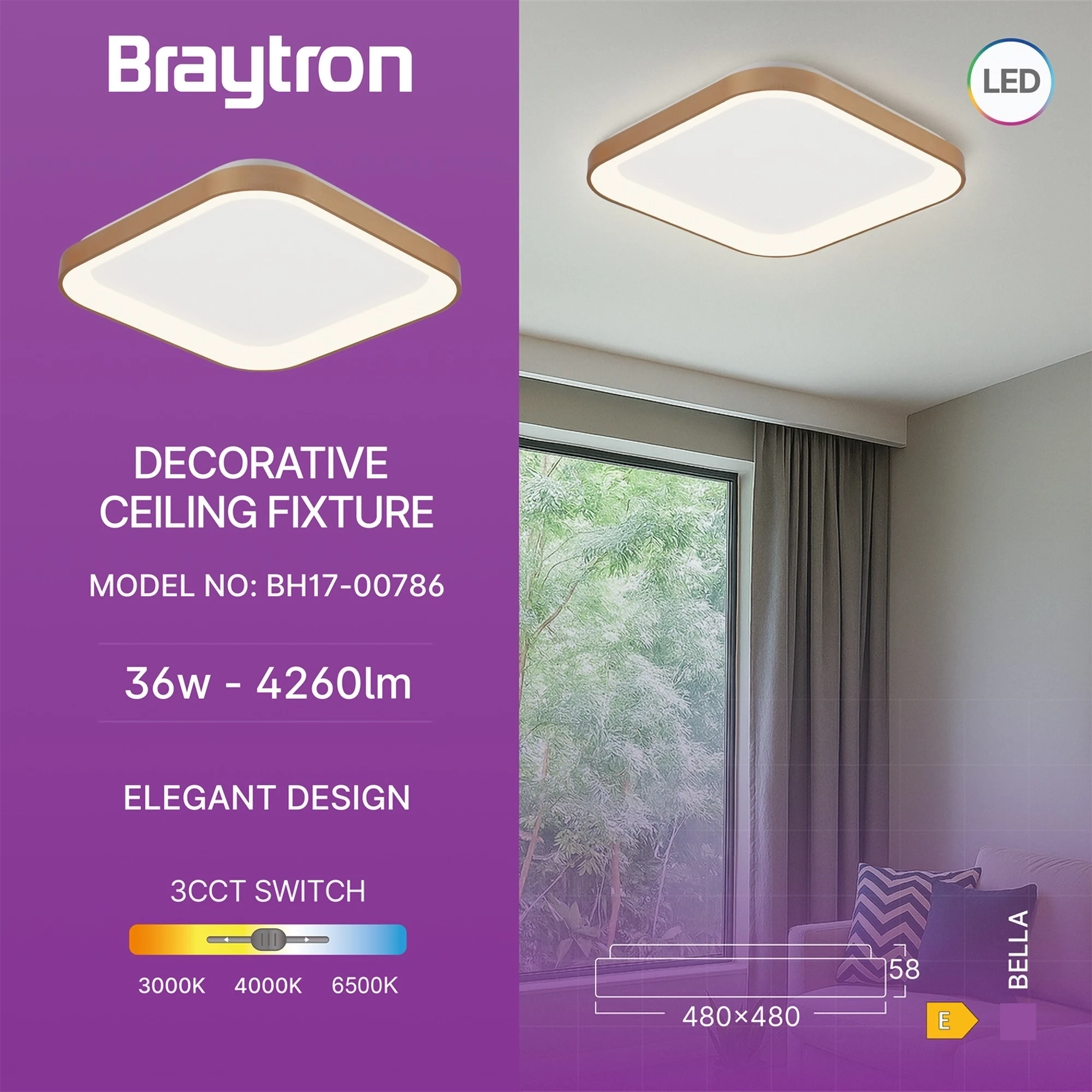 LED plafonjera kvadratna 480x480 36W CCT zlatna IP20 Braytron Bella - Слика 3