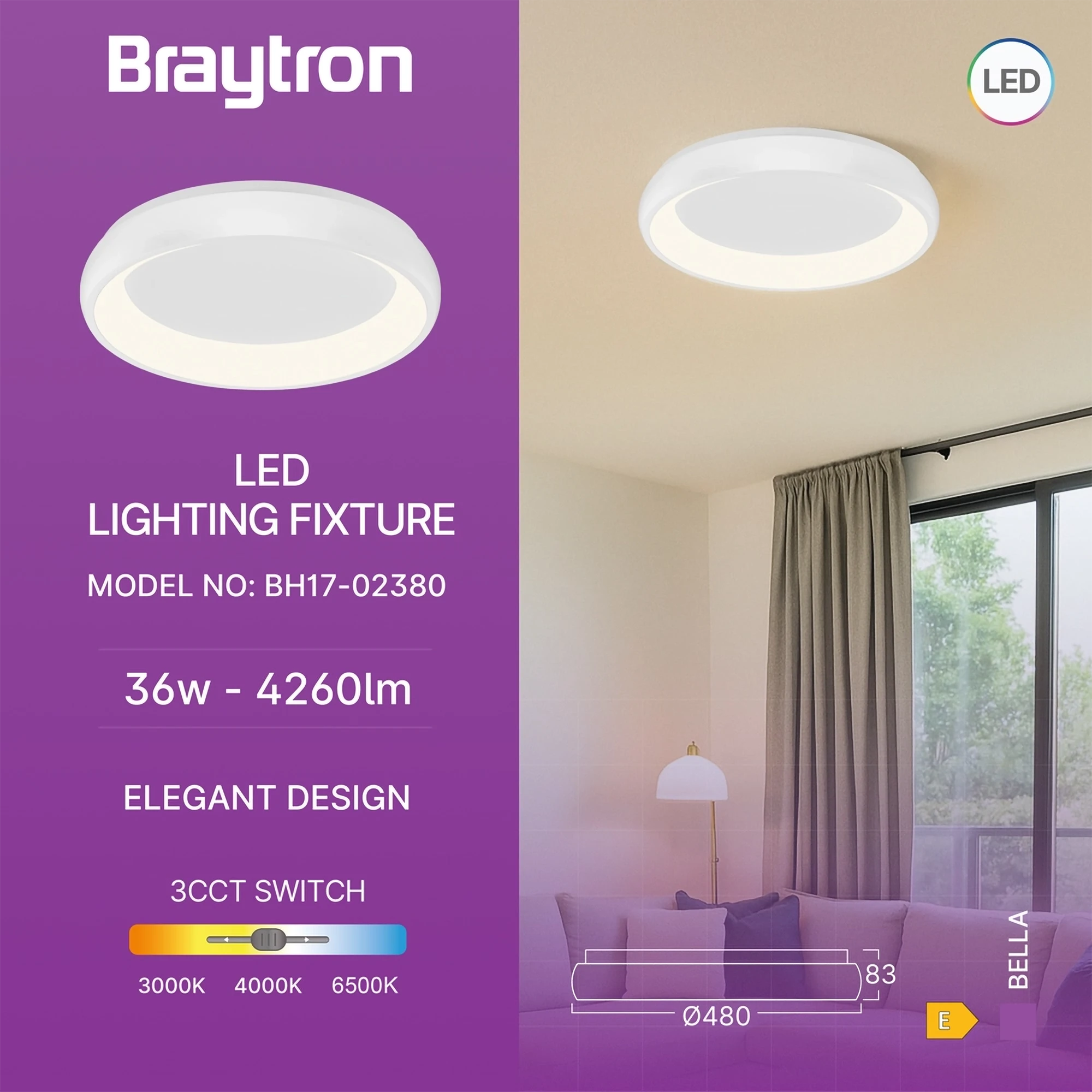 LED plafonjera okrugla Ø480 36W CCT bela IP20 Braytron Bella - Слика 3