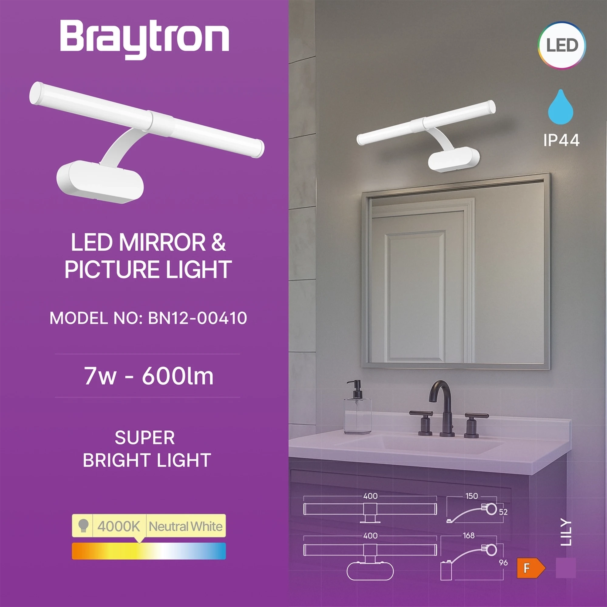LED svetiljka za ogledalo 400mm 7W 4000K bela IP44 Braytron Lily - Слика 3