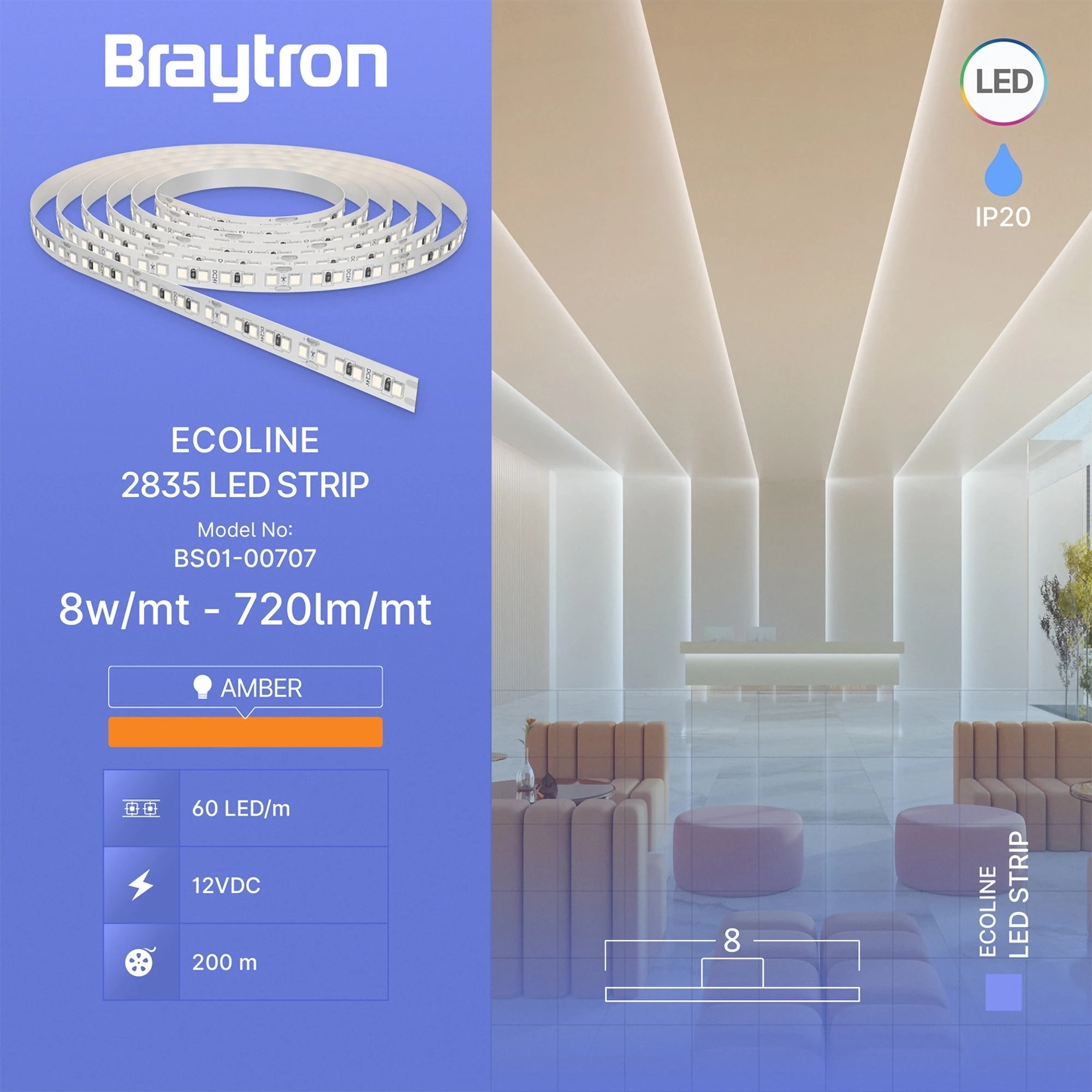 LED traka 8W/m 2835 amber 12V IP20 Braytron EcoLine - Слика 2