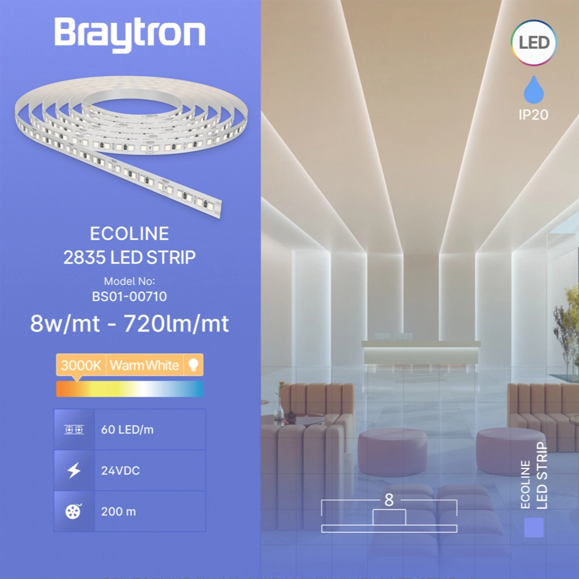LED traka 8W/m 2835 3000K 24V IP20 Braytron EcoLine - Слика 3
