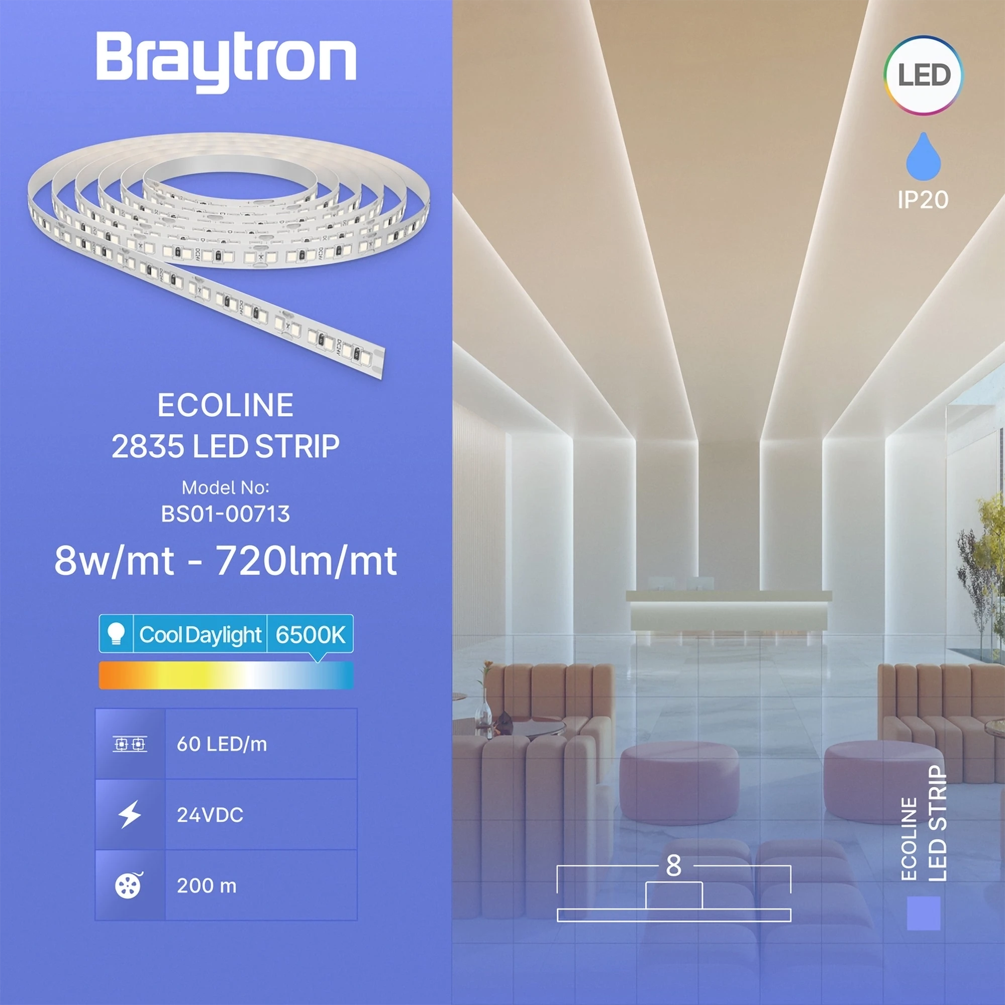LED traka 8W/m 2835 6500K 24V IP20 Braytron EcoLine - Слика 3
