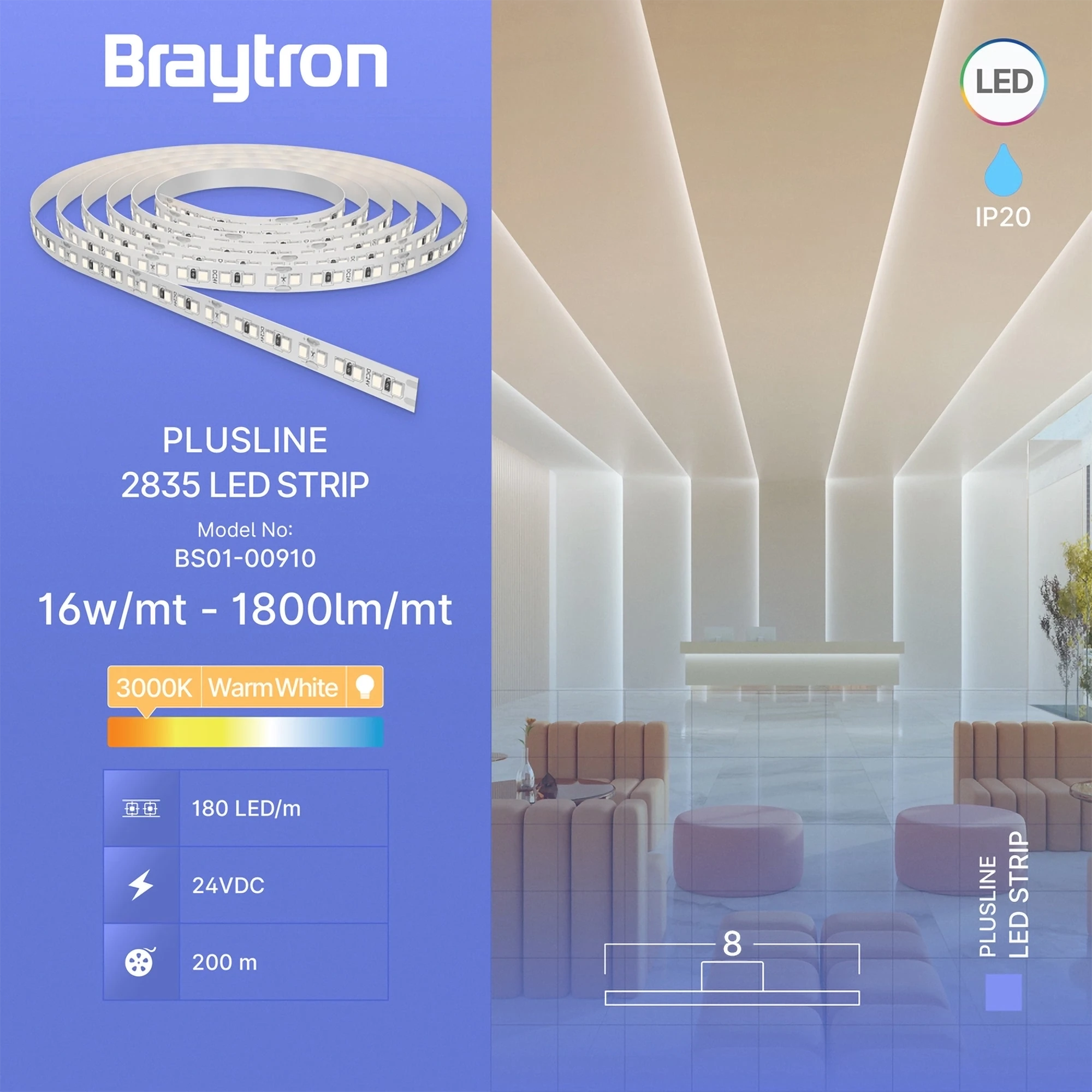 LED traka 16W/m 2835 3000K 24V IP20 Braytron PlusLine - Слика 3