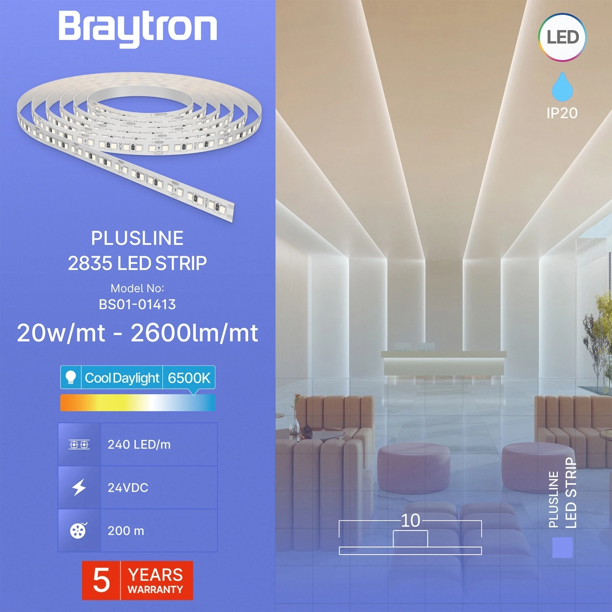 LED traka 20W/m 2835 6500K 24V IP20 Braytron PlusLine - Слика 3