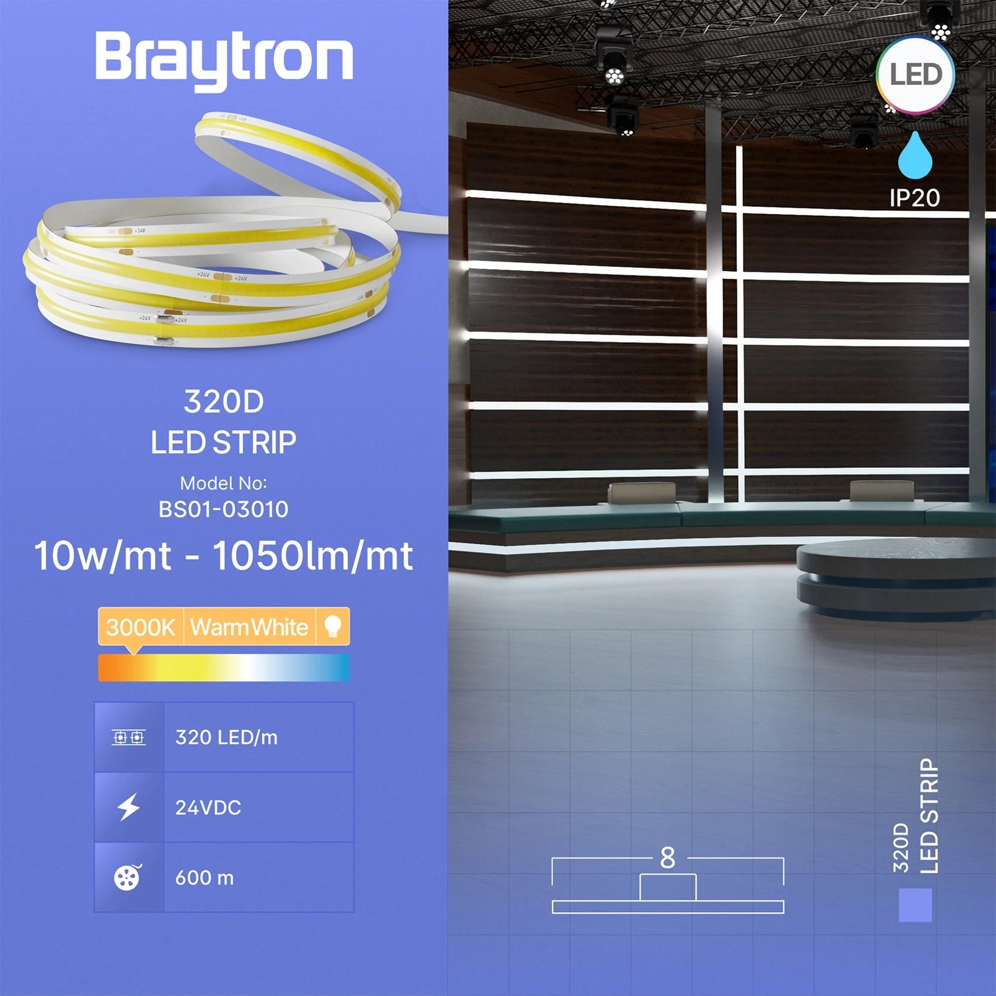 LED traka COB 10W/m COB 3000K 24V IP20 Braytron CobLine - Слика 3