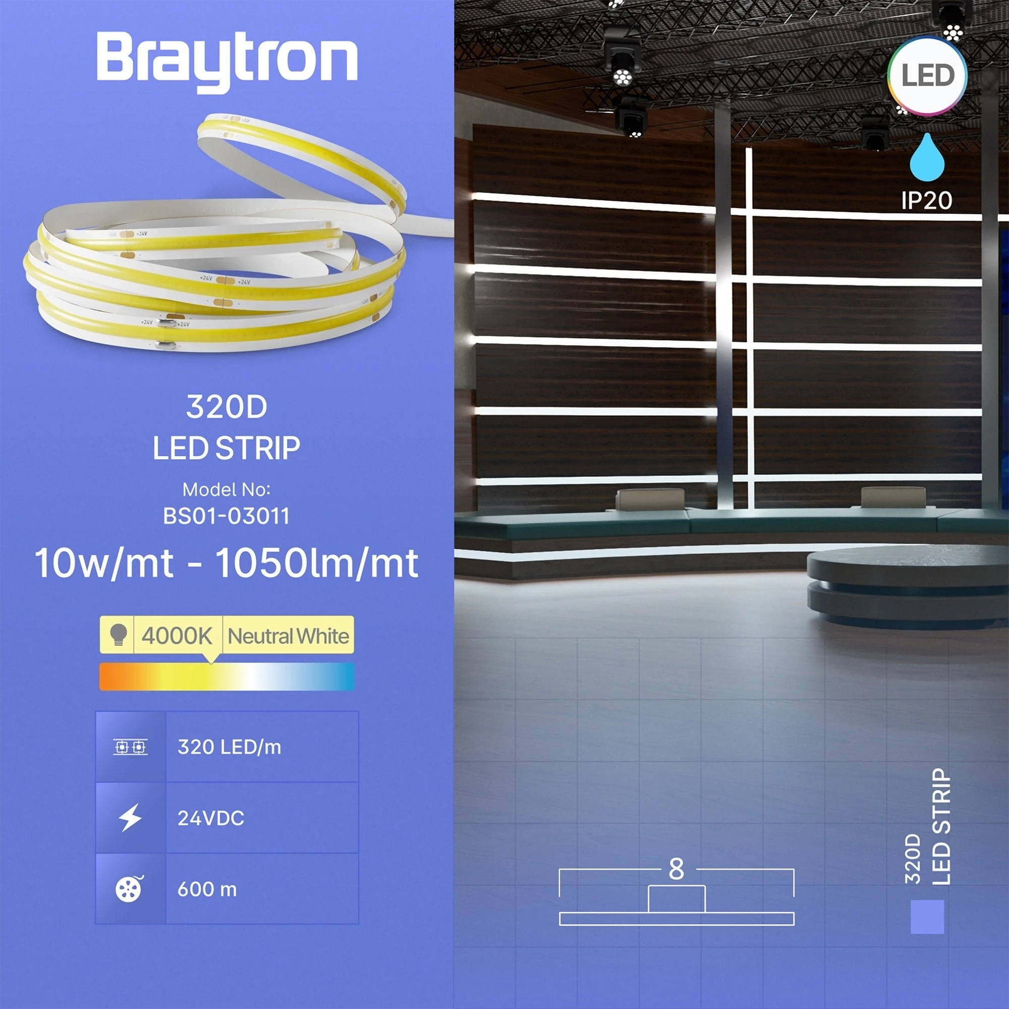 LED traka COB 10W/m COB 4000K 24V IP20 Braytron CobLine - Слика 3