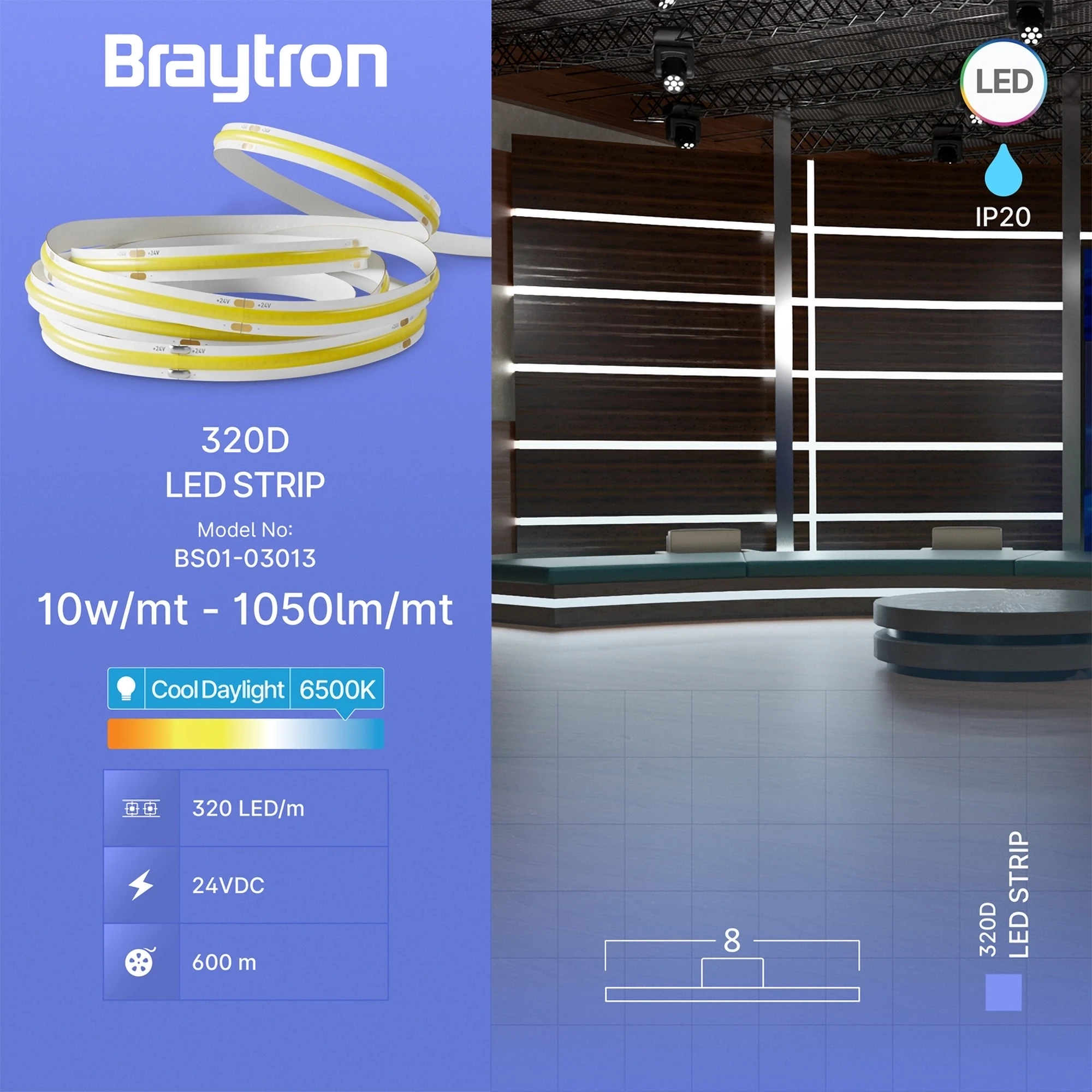 LED traka COB 10W/m COB 6500K 24V IP20 Braytron CobLine - Слика 3