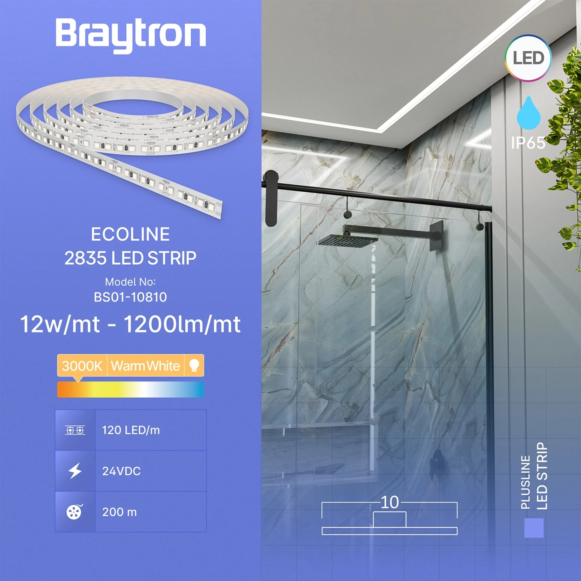 LED traka 12W/m 2835 3000K 24V IP65 Braytron EcoLine - Слика 3
