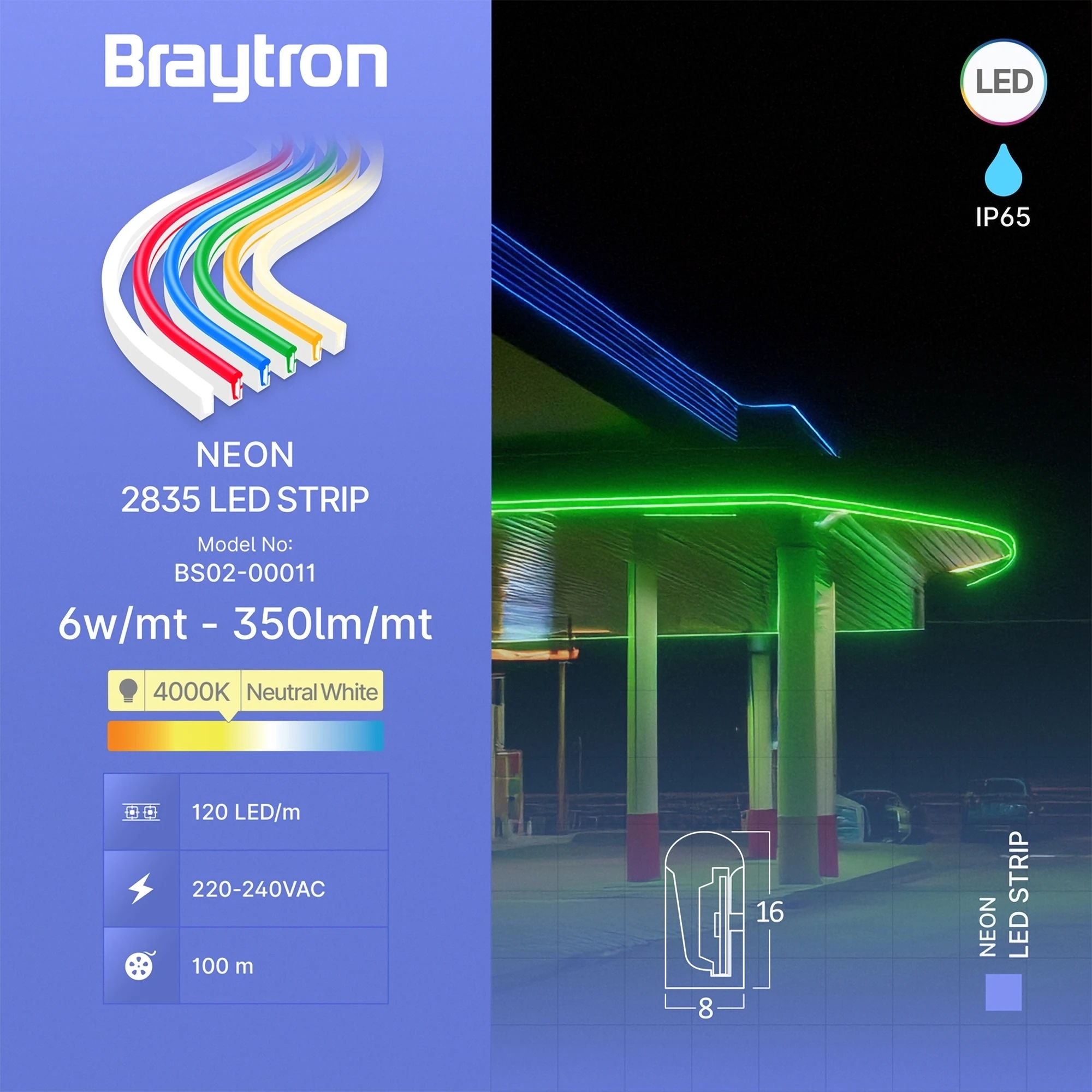 LED neon traka 220V 6W/m 4000K IP65 8x16 Braytron Neon - Слика 3
