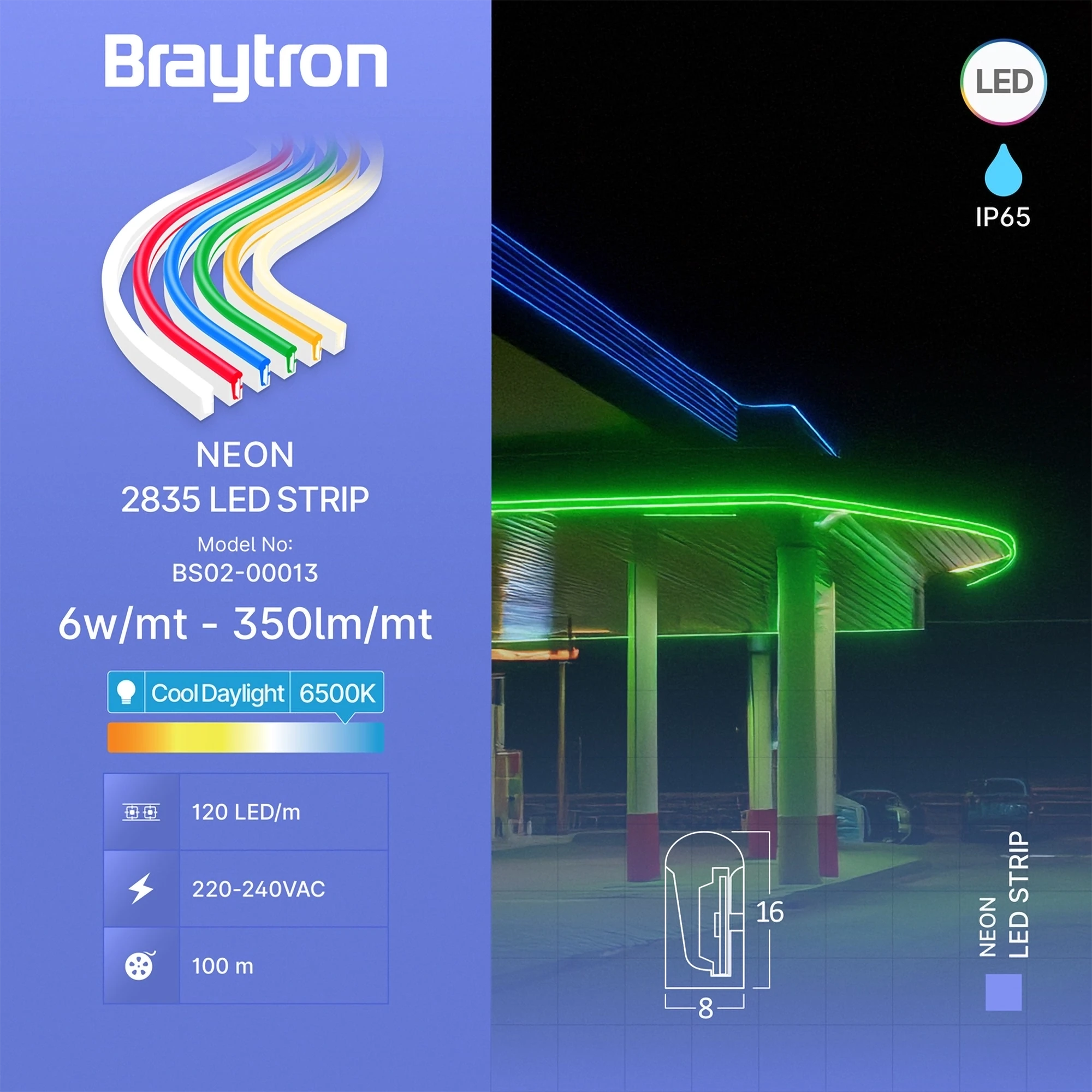 LED neon traka 220V 6W/m 6500K IP65 8x16 Braytron Neon - Слика 3