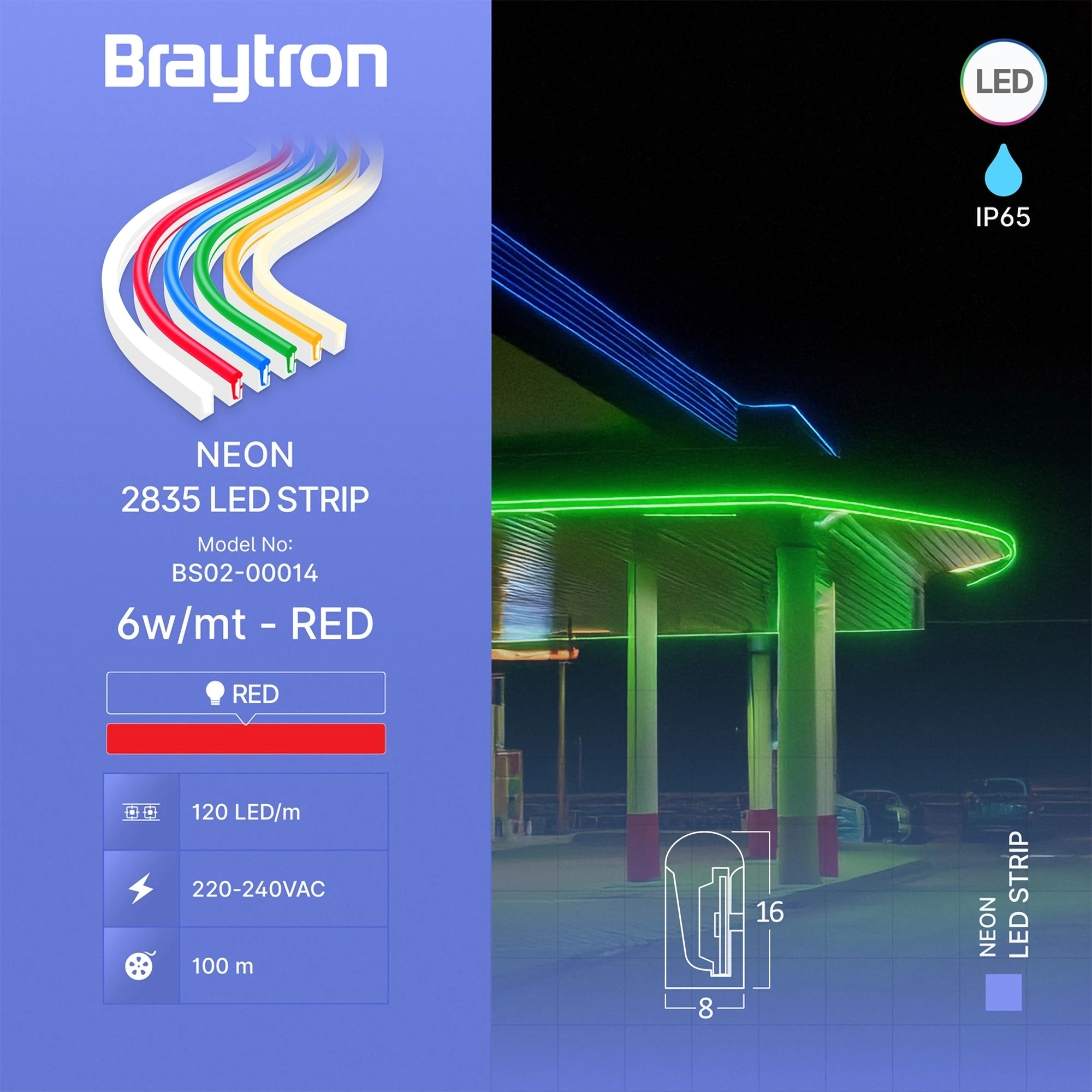 LED neon traka 220V 6W/m crvena IP65 8x16 Braytron Neon - Слика 3