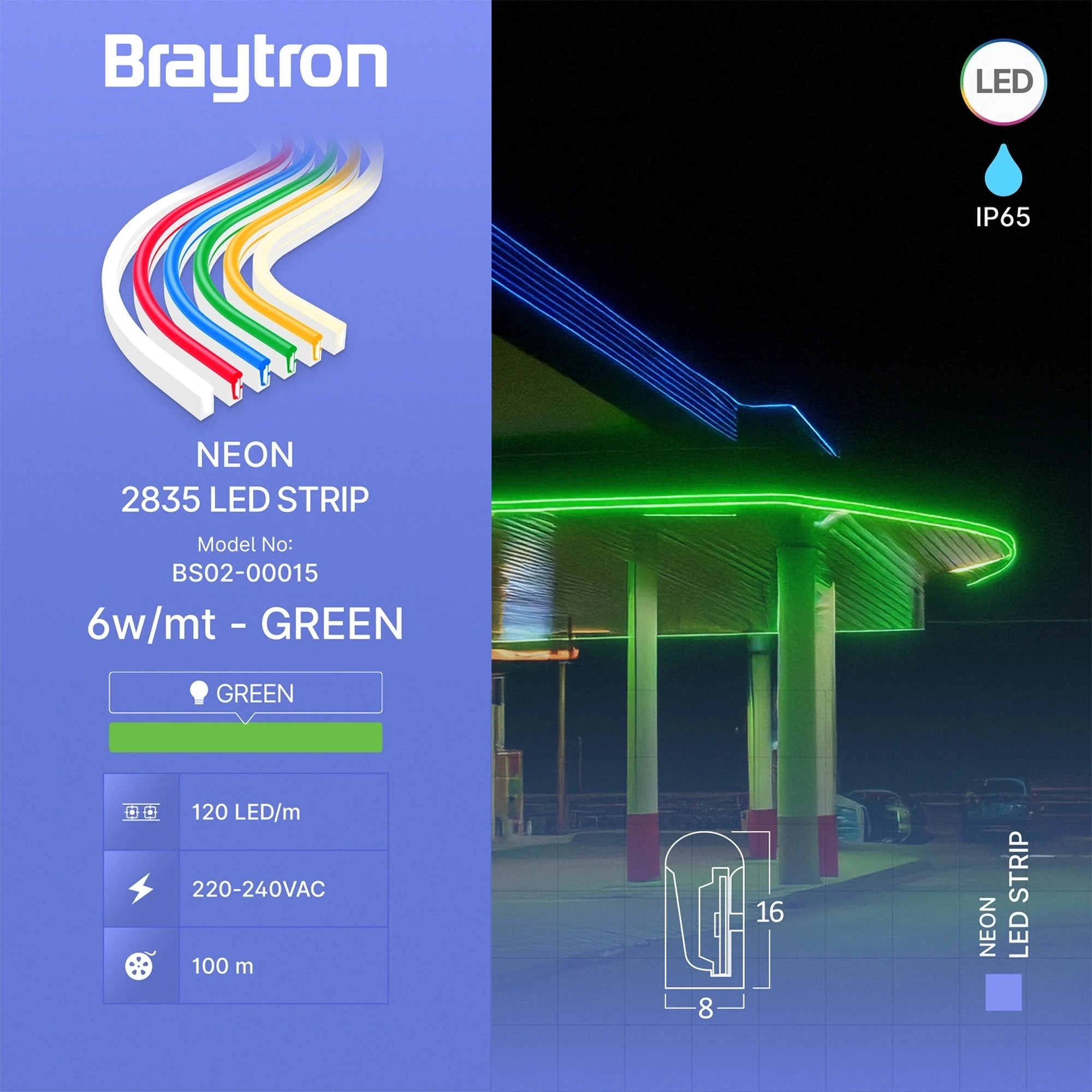 LED neon traka 220V 6W/m zelena IP65 8x16 Braytron Neon - Слика 3