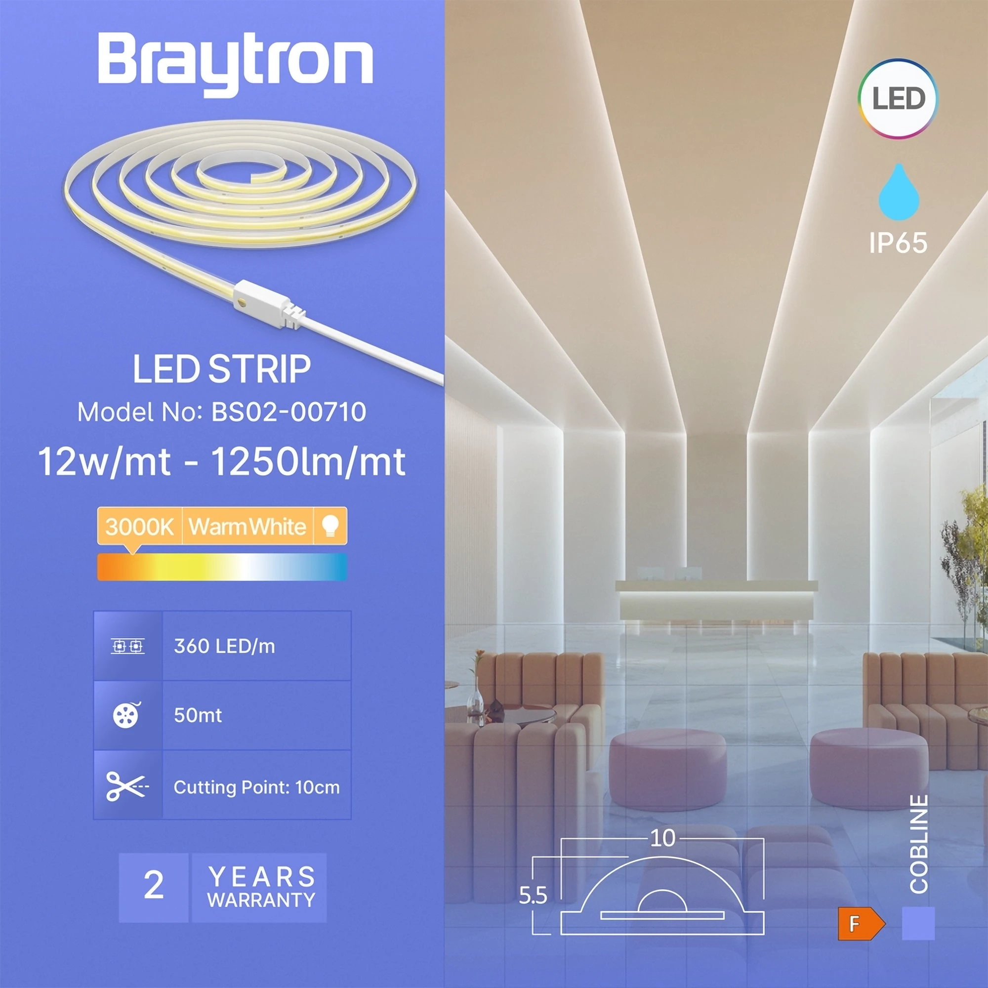 LED COB traka 220V 12W/m 360LED 3000K IP65 Braytron CobLine - Слика 3