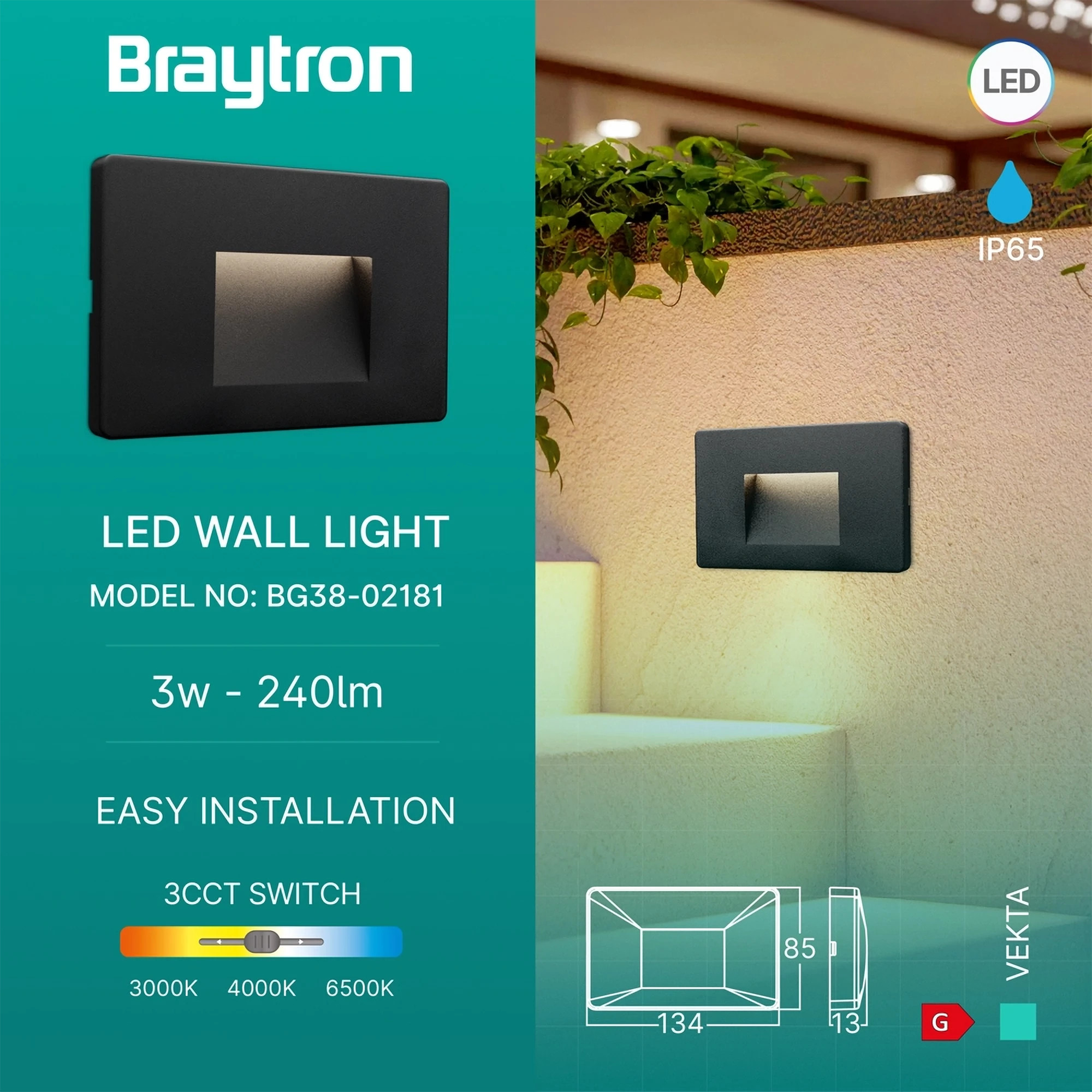 LED zidna spoljna svetiljka kvadratna 3W CCT crna IP65 Braytron Vekta B, slika 3